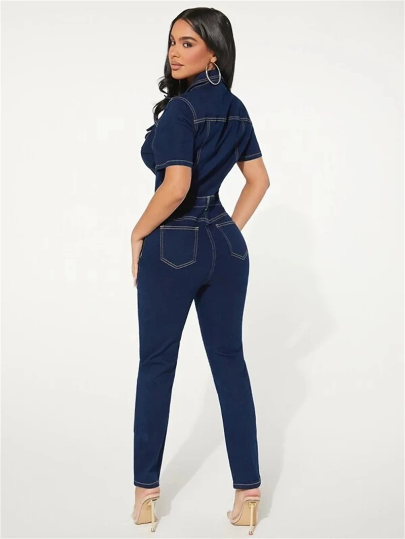 Vintage Denim Jumpsuits for Women Summer Clothing Turn Down Collar Button Up Jeans Rompers Playsuits One Pieces Overalls Outfits