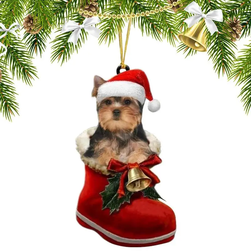 Cute Dog Christmas Tree Pendants 2D Acrylic Christmas Ornaments Hanging Decorations for Car Door Window Xmas Gifts