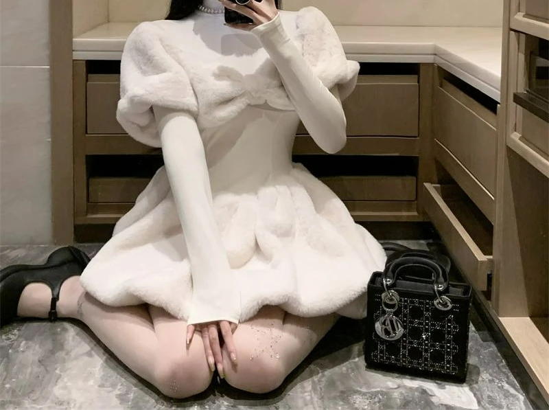 Sweet Temperament Bowknot Furry Patchwork Princess Dress Autumn New Christmas Waist-Slimming Flower Bud Fairy Short Dress