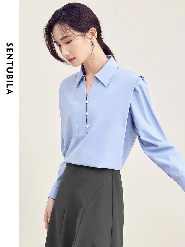 

SENTUBILA Women's Lyocell Cotton Blue Shirts Pullovers Blouses 2024 Autumn Korean Fashion Elegant Office Ladies Long Sleeve Tops