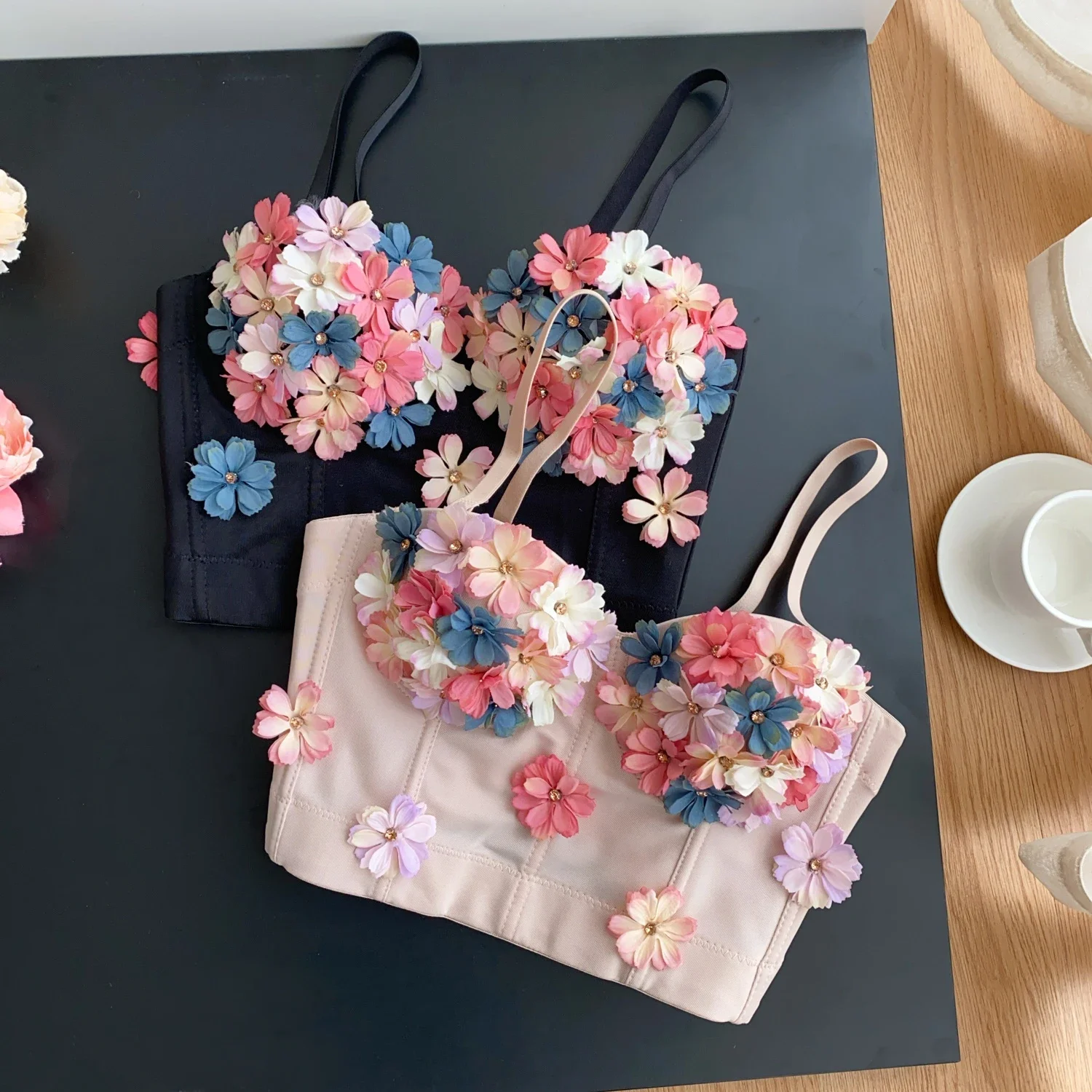 Sexy Hotsweet Backless Elegant Sleeveless Vintage Rhinestone Three-dimensional Flower Slim Beach High Street  Straps Camis Top