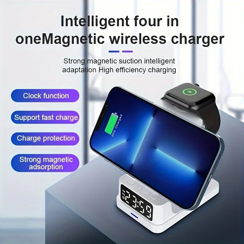 Caricabatterie Wireless magnetico 4 in 1 con Display digitale, orologio, stazione di ricarica per Apple IPhone 15 14 13 12 Apple Watch Airpods