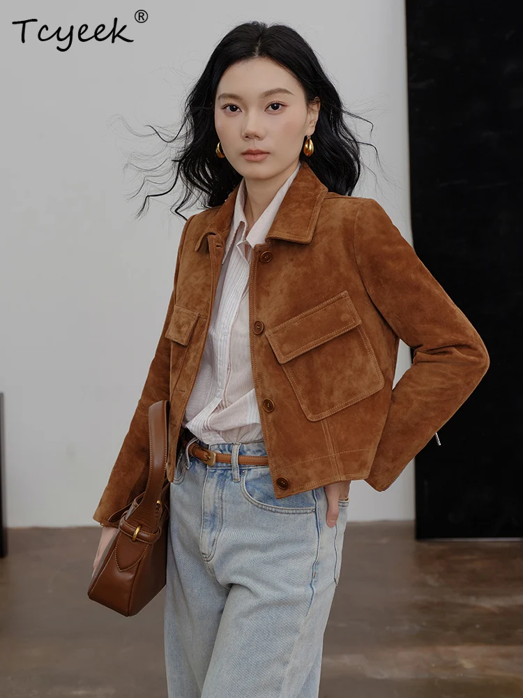 Tcyeek 本物の羊革 春秋 ハイエンド スエード スタンドカラー ショート丈 レディース 本革ジャケット 女性用レザージャケット