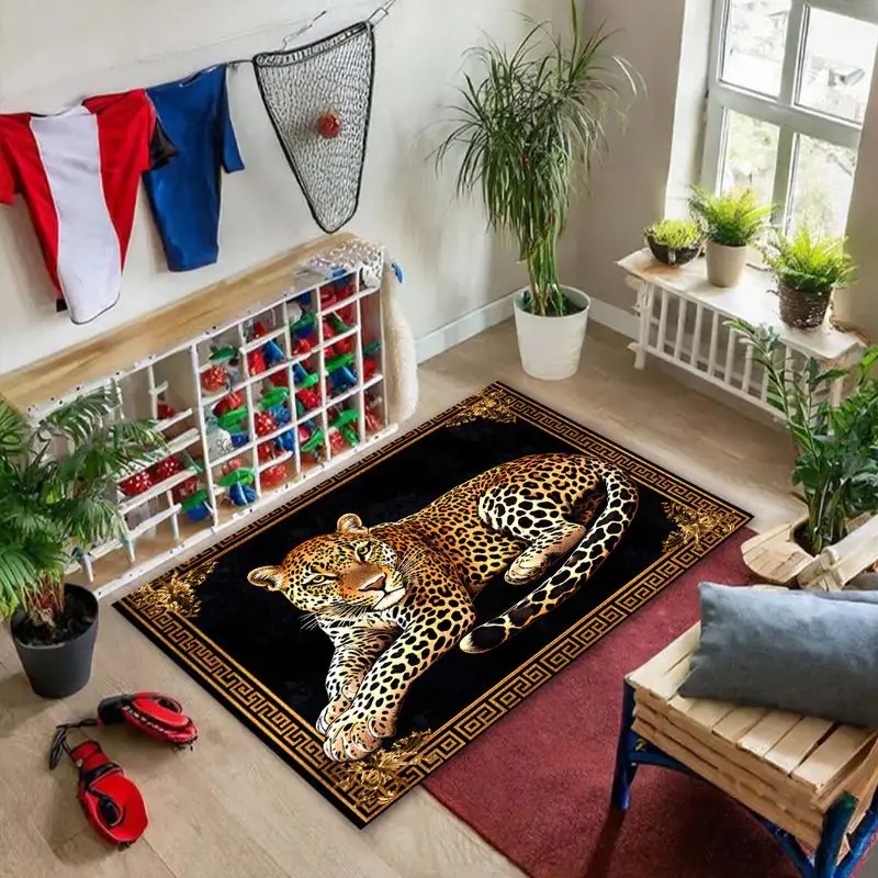 VIKAMA Black Gold Leopard Door Mat Greek Key Border Rug Non Slip Washable Soft Stain Resistant Welcome Porch Hallway Home Decor