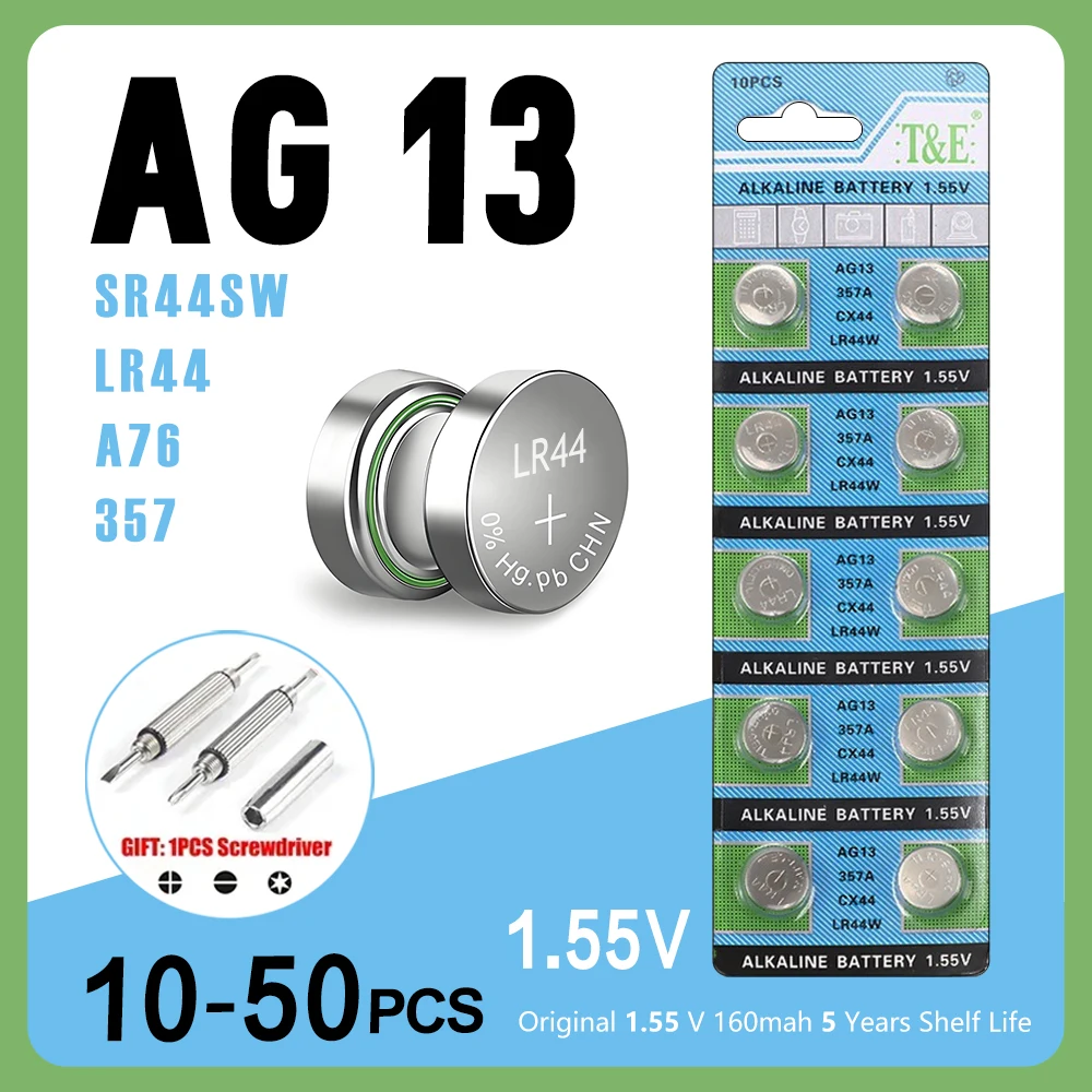 10PCS-50PCS 1.55V AG13 LR44 L1154 RW82 SR1154 SP76 Pila SR44 Button Batteries A76 LR1154 GP7 Cell Coin Watch Toys Remote Battery