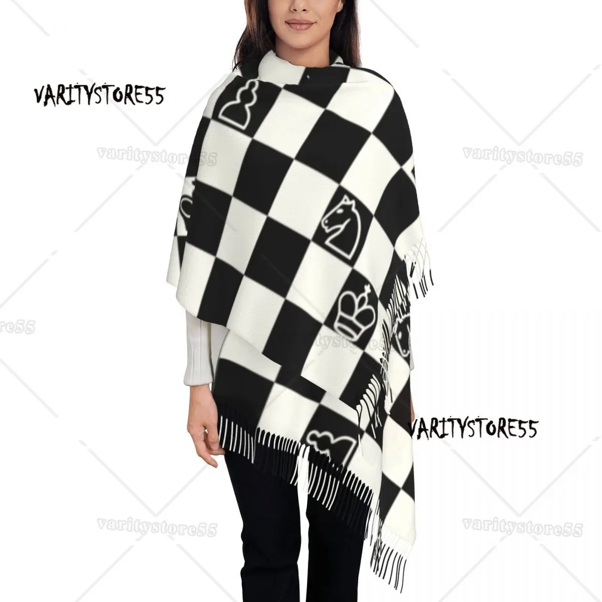 

Lady Long Fashion Chess Scarves Women Winter Fall Soft Warm Tassel Shawl Wrap Chessboard Game Scarf