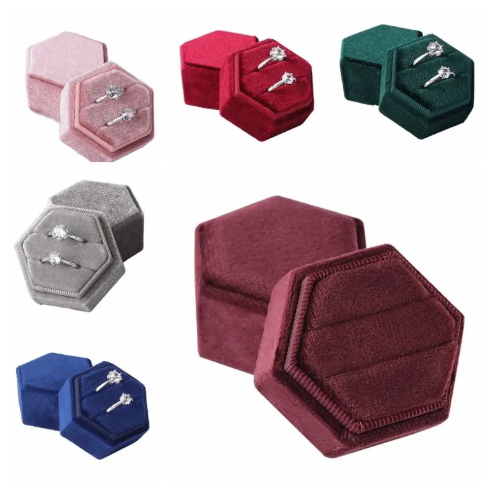 Fashion Two Slots Velvet Rings Holder Luxury Hexagon Rings Bearer Box Proposal Storage Rings Display Case Couple