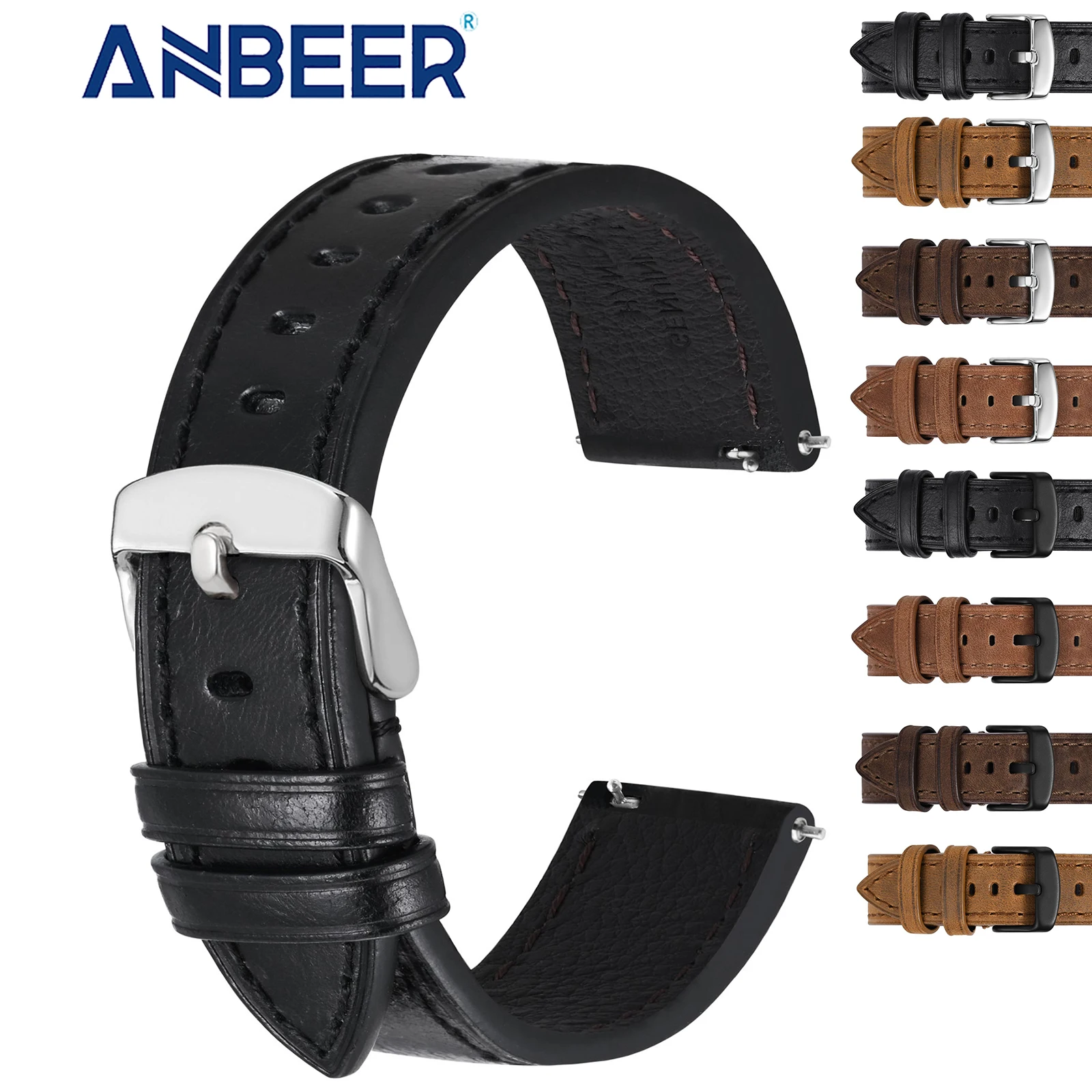 

ANBEER Leather Watch Strap Lacquered edge Watchband for Men and Women 18mm 19mm 20mm 21mm 22mm Wrist Band Quick Release