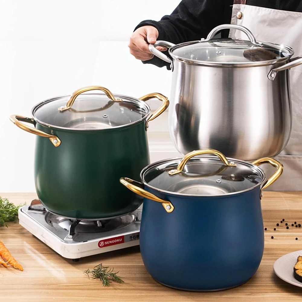 Premium Stainless Steel Stock Pot with Glass Lid & Gold Handles Thickened Stock Cooking Pot Induction Ready Easy to Clean