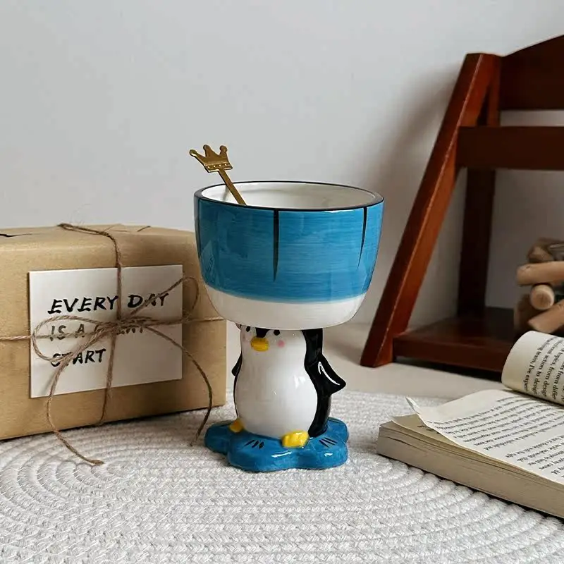 Cute Penguin Tall Cup,Fun Animal Shaped Ceramic Mug,Dessert Ice Cream Cup,Coffee Cup Creative Wine Glass Desktop Decor Ornament
