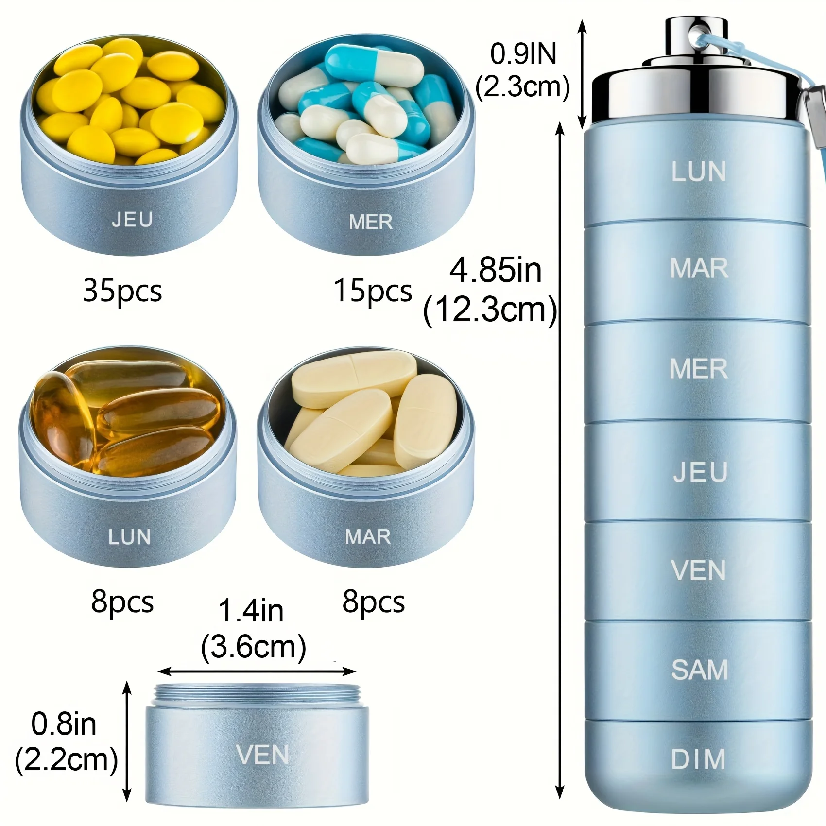 [French printing]Metal Travel Pill Organizer, Portable 7 Day Vitamin Organizer Stackable, Waterproof 1 Times A Day Pill Box
