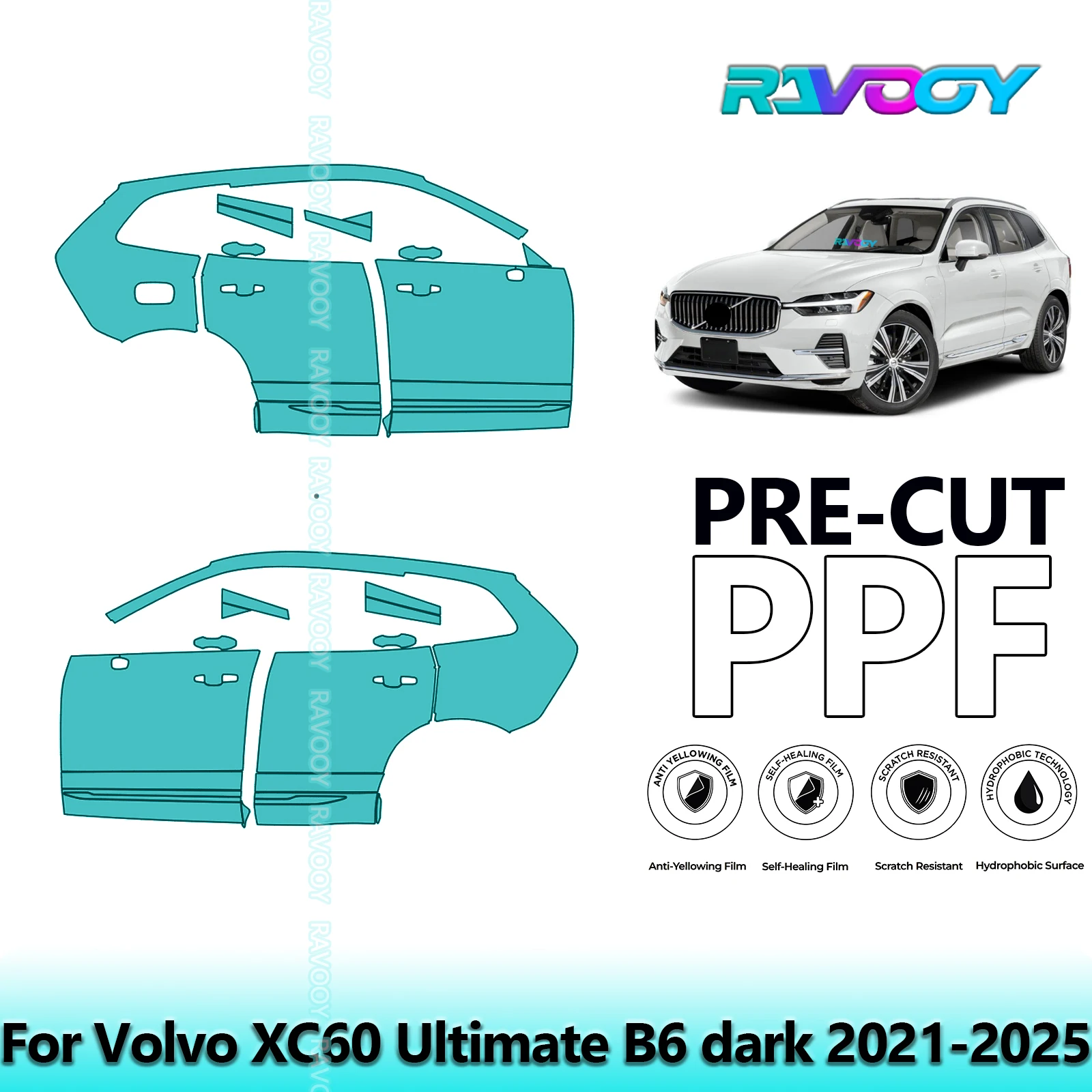 

For Volvo XC60 Ultimate B6 dark 2021-2025 8.5mil Clear Matte Pre-Cut PPF Door & A/B Pillar Kit TPU Paint Protection Film Set