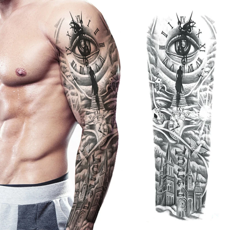 Waterproof Full Arm Temporary Tattoo  Man Lion Wolf  Sticker Women Clock Eye Body Art Sleeve Flash Fake Shoulder Totem