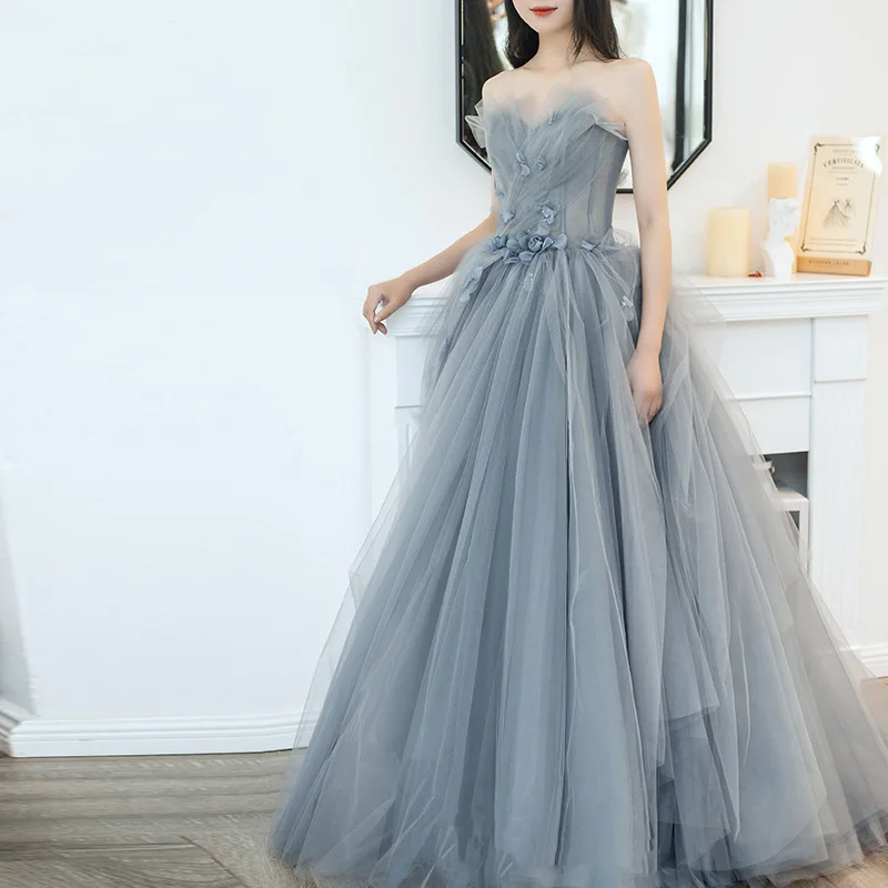 Women Elegant Strapless Banquet Ball Gown Young Girls Tutu Celebrity Formal Pageant Dress Rose Flower V-neck Dresses Party