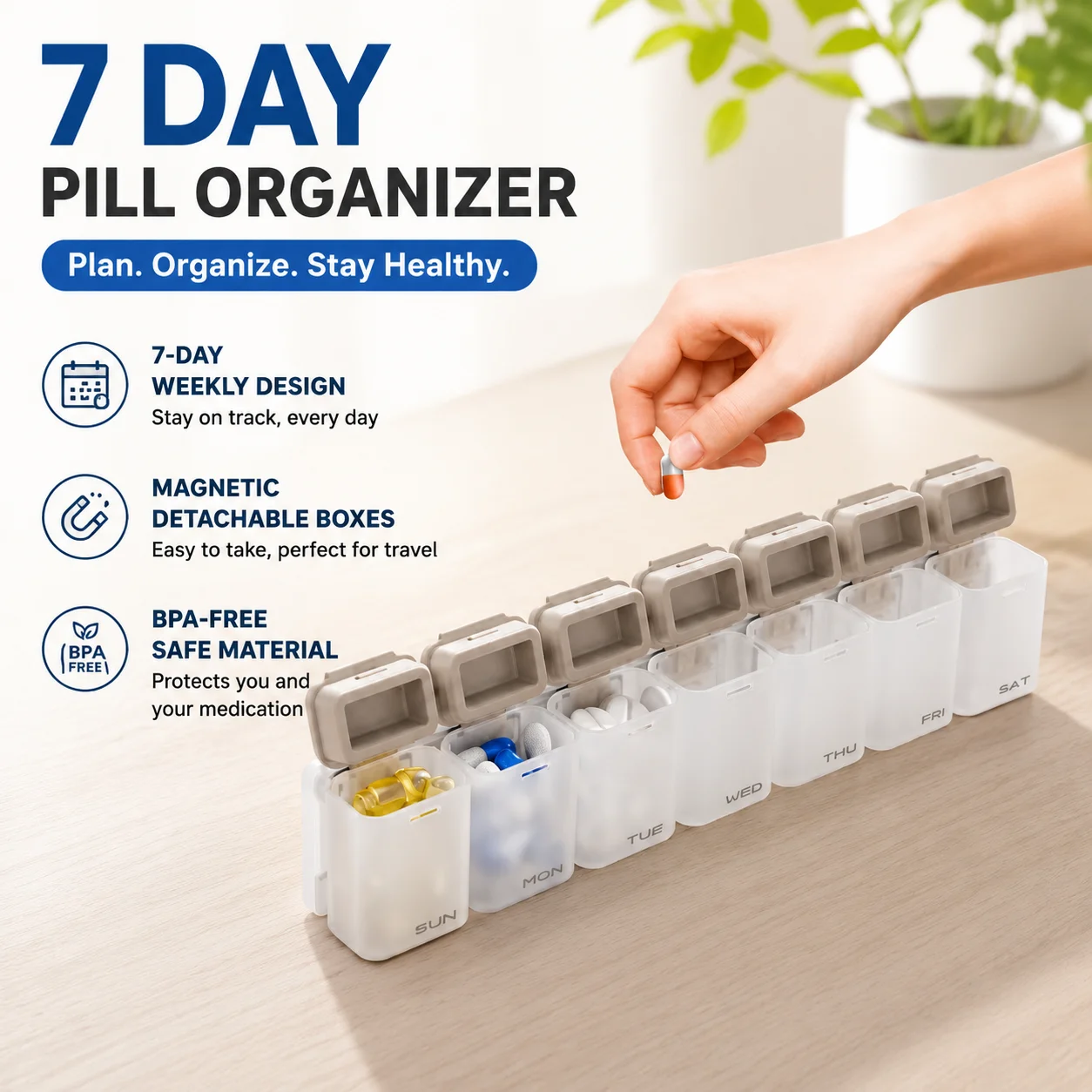 7 Day Weekly Pill Organizer, Magnetic Detachable Travel Pill Box, BPA-Free Plastic Medicine Dispenser with Airtight Silicone