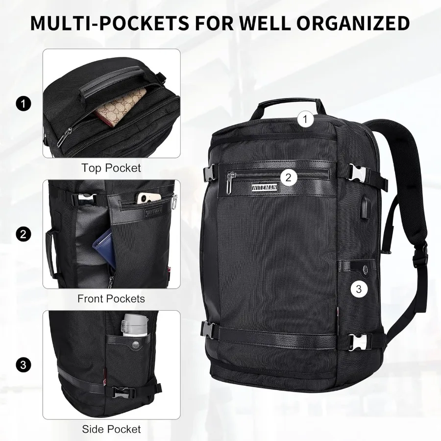 حقيبة ظهر للسفر من WITZMAN للرجال والنساء حقيبة ظهر للكمبيوتر المحمول مع منفذ شحن USB وحقيبة حمل للأمتعة معتمدة B686 باللون الأسود