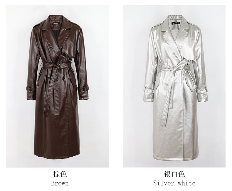 Lautaro Spring Autumn Long Black Soft Pu Leather Trench Coat for Women Belt Double Breasted Cool Handsome European Fashion 2022