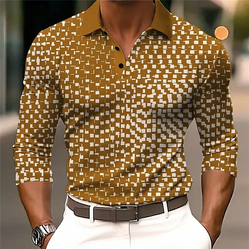 Autumn Winter Geometric Pattern Golf Men's Long Sleeve Polo Shirt Business Casual Formal Turn-down Collar Buttoned Men Clothing