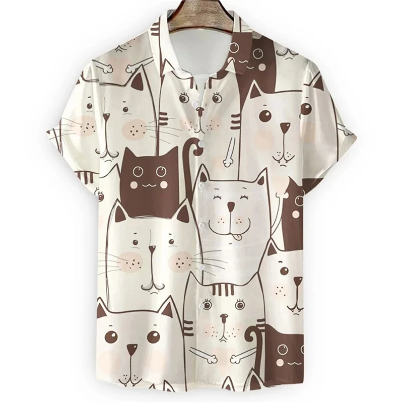 Cute 3d Cartoon Cat Print Shirt For Men Cool Summer Short Sleeve Button Loose Hawaiian Shirt Holiday Beach Shirt Mens Clothing