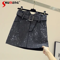 2023 Spring New Elegant High Waisted Slimming Diamond-Embedded Skirts Women's Korean Style Lady Black Hip Short Skirt with Belt