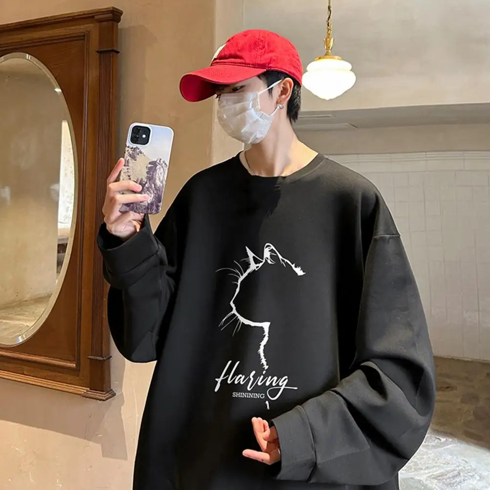 Velvet Sweatshirt Hop Style Cat Profile Print Oversized Sweatshirt for Men Loose Solid Color Pullover with Thick Plush Material