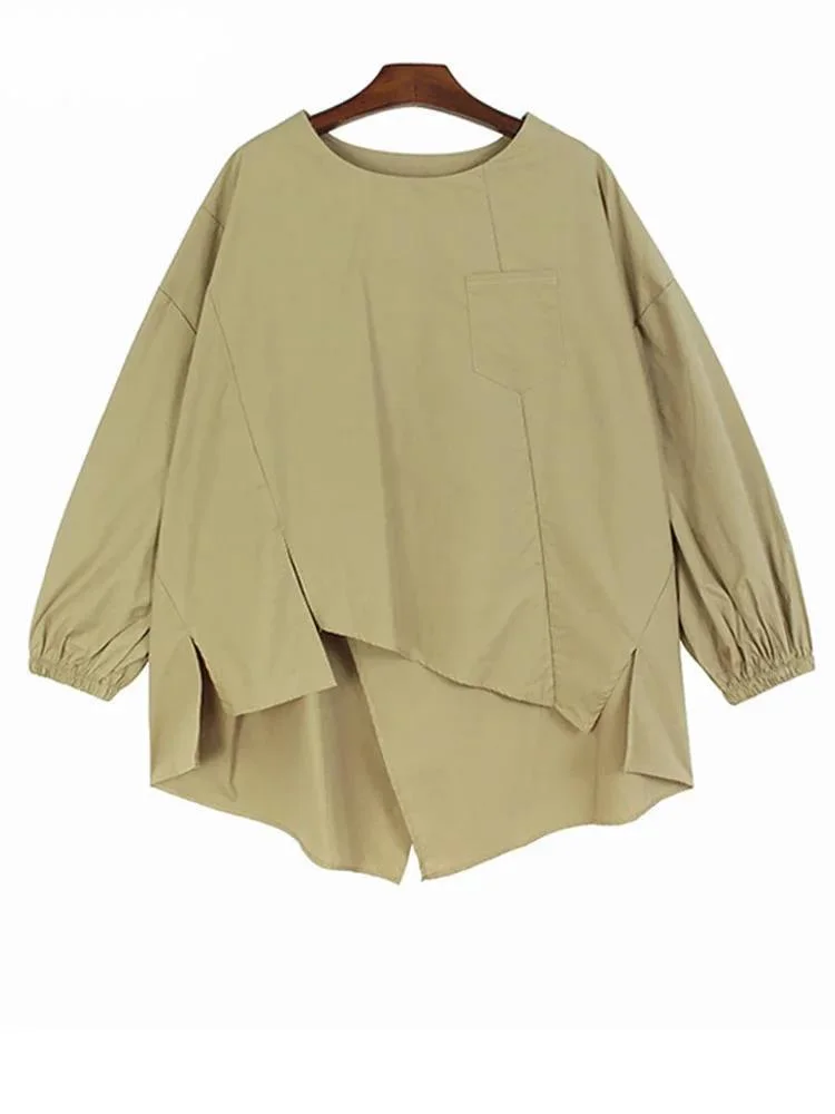 Women Khaki Irregular Hem Slit Big Size Blouse New Round Neck Long Sleeve Shirt Fashion Tide Spring Autumn