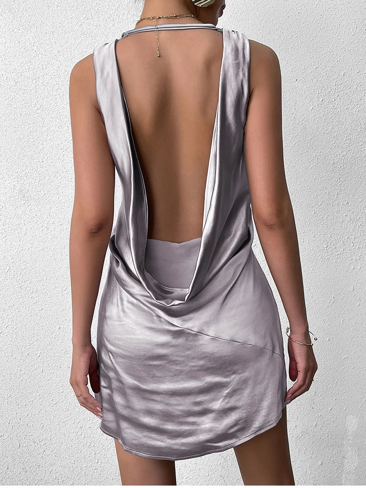 NewAsia Sexy Backless Satin Mini Dress Double Layer Women's Sleeveless Fashion Streetwear Party Club Short Dresses Gray Summer