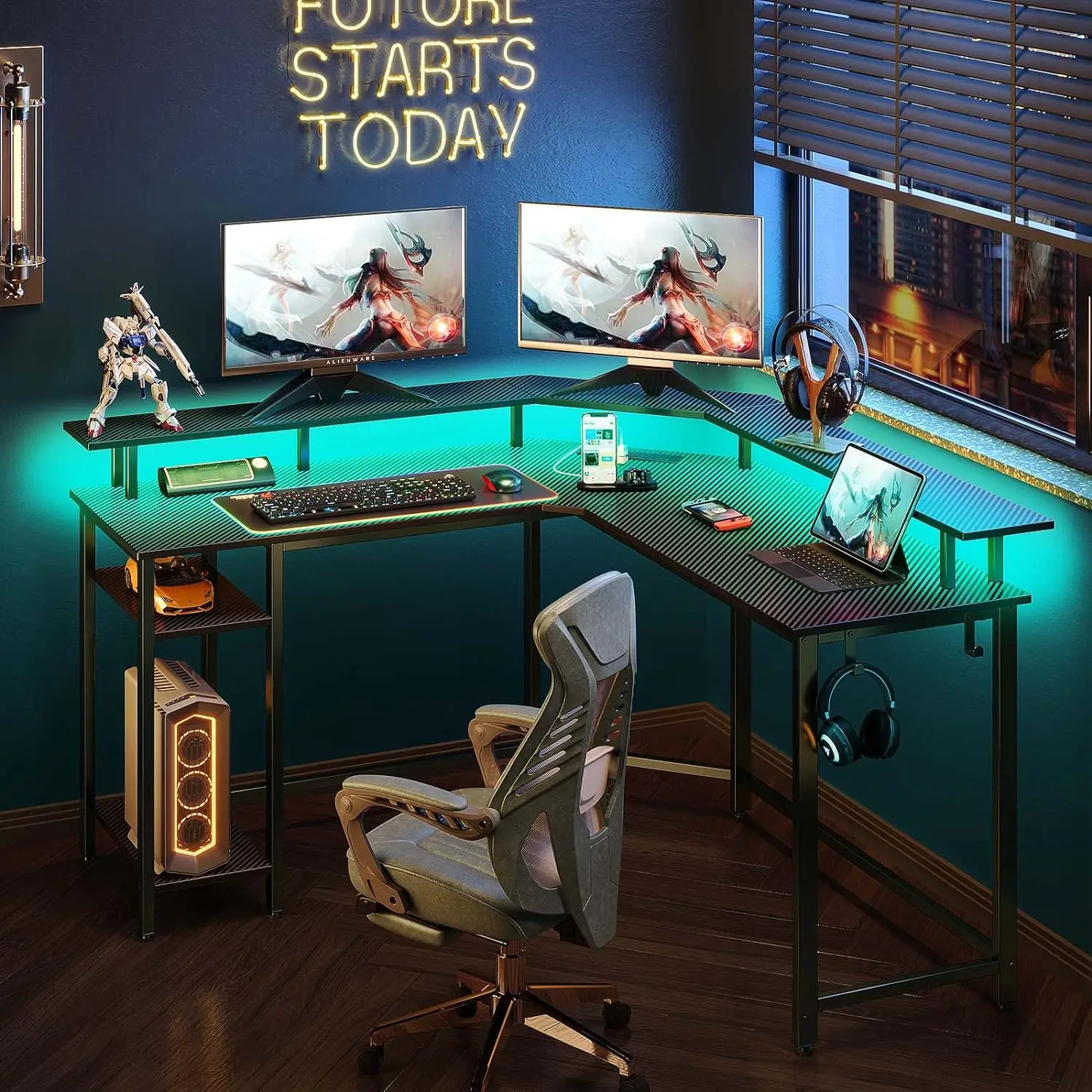 L Shaped Gaming Desk with LED Lights Power Outlets, 56" Computer Desk with Full Monitor Stand & Storage Shelf, Corner Desk
