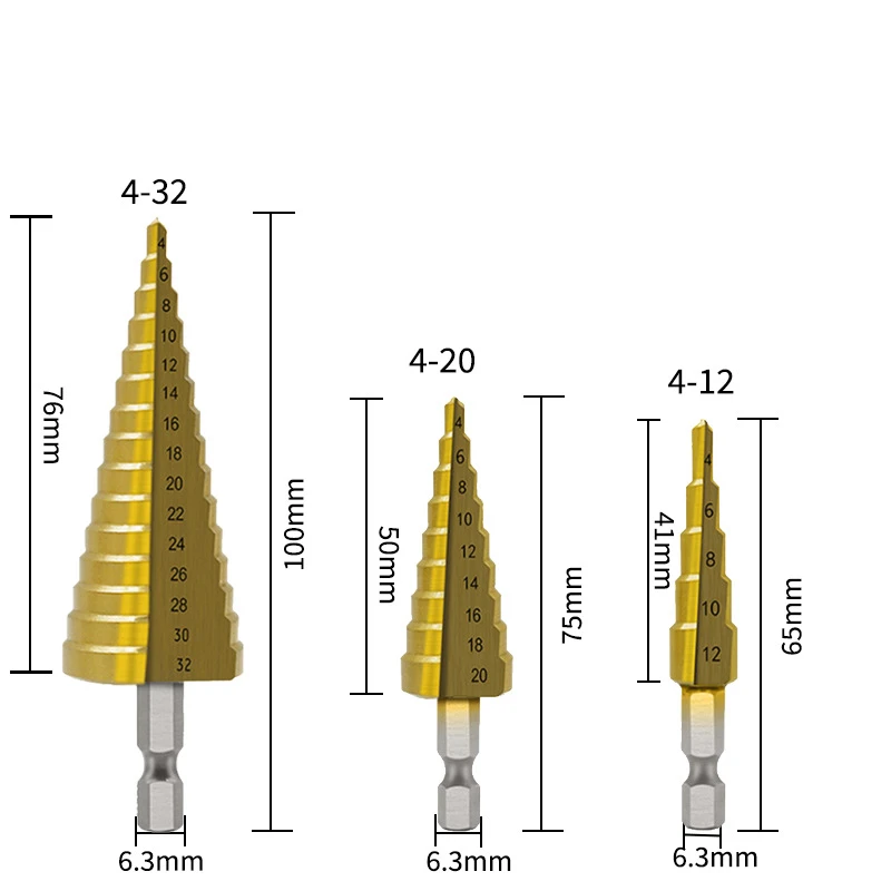 Punta da trapano a gradino da 4-32 mm con impugnatura esagonale Design a pagoda con scanalatura dritta per prestazioni e durata migliorate