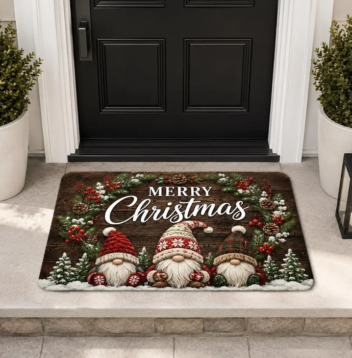 Christmas Gnomes Doormat, Merry Christmas Welcome Mat, Holiday Front Porch Decor, Outdoor Rug, Winter Gift, Rustic Farmhouse