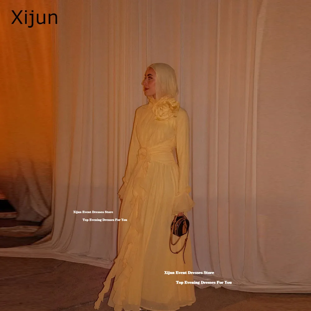 Xijun Baby Yellow Chiffon Evening Dresses Full Sleeves 3D Flowers Pleated Long Prom Dresses Formal Dubai Prom Gowns Customized