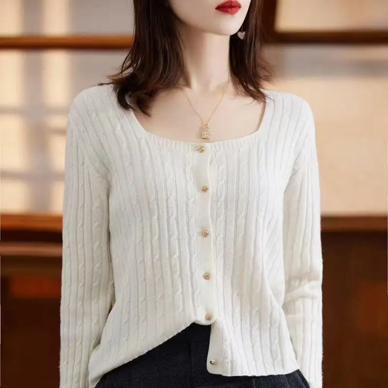 

Вязаный свитер, женские кардиганы, новый вязаный свитер с длинным рукавом и квадратным воротником, кардиган, женские топы, трикотажные изделия, Sueters De Mujer Q1012