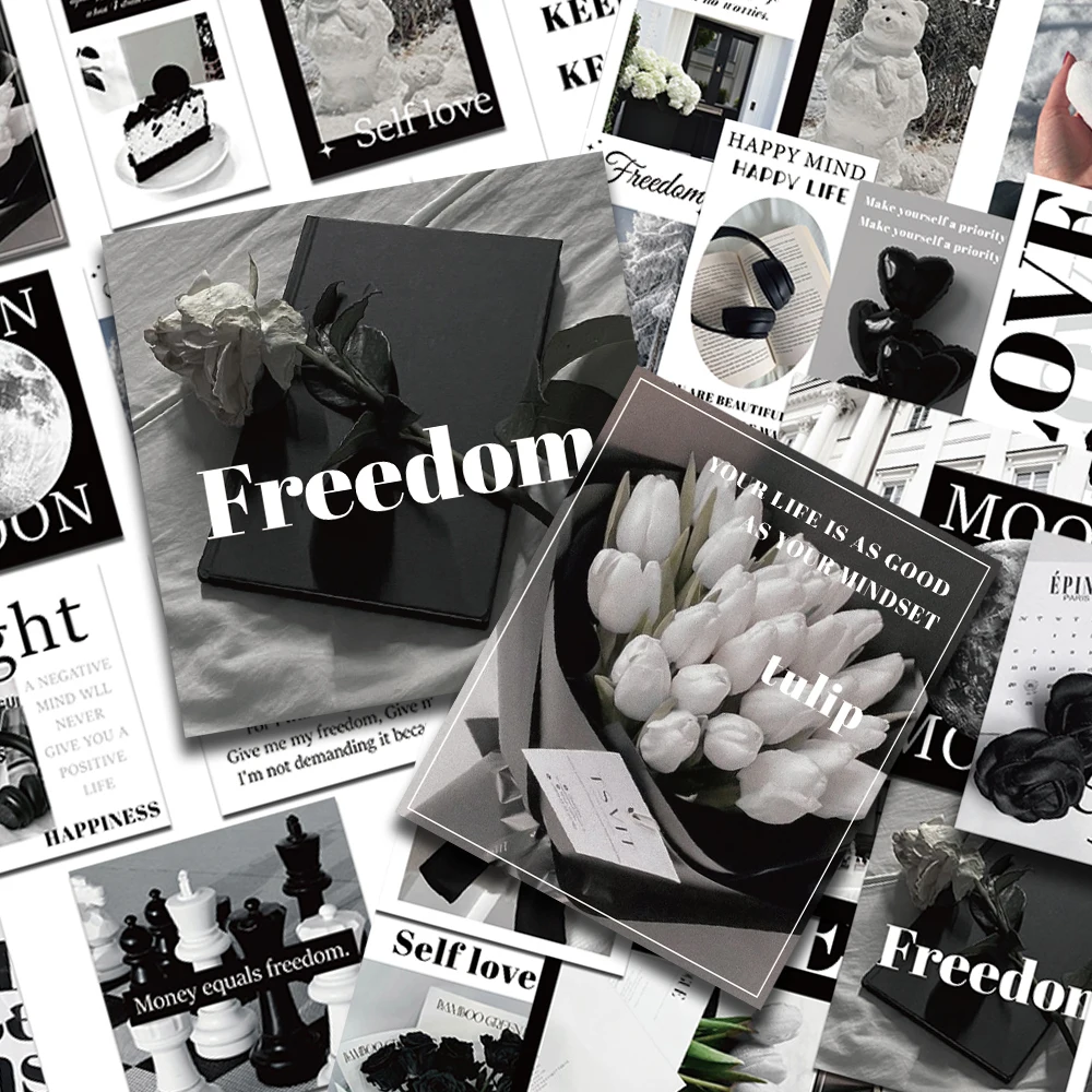 30 pezzi di adesivi Freedom in bianco e nero, decalcomanie per telefono, album, valigia, skateboard, chitarra, adesivi estetici retrò fai da te