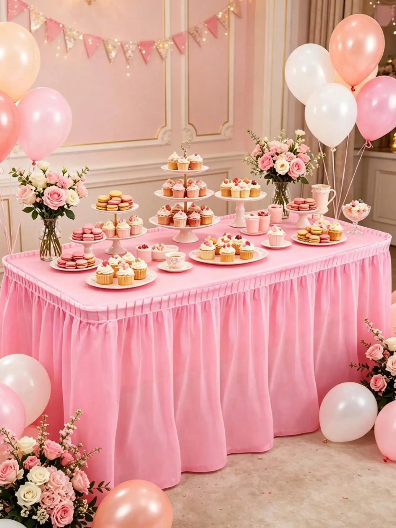 2pcs Pink Table Skirt & Tablecloth Set, Party Tablecloth, Wedding Decor Tablecloth, Pink Birthday Party Supplies, Birthday Tablecloth, Kitchen Decor, Kitchen Tablecloth, Home Birthday Decoration, Dining Table Decor, Birthday Girl, Birthday Gift