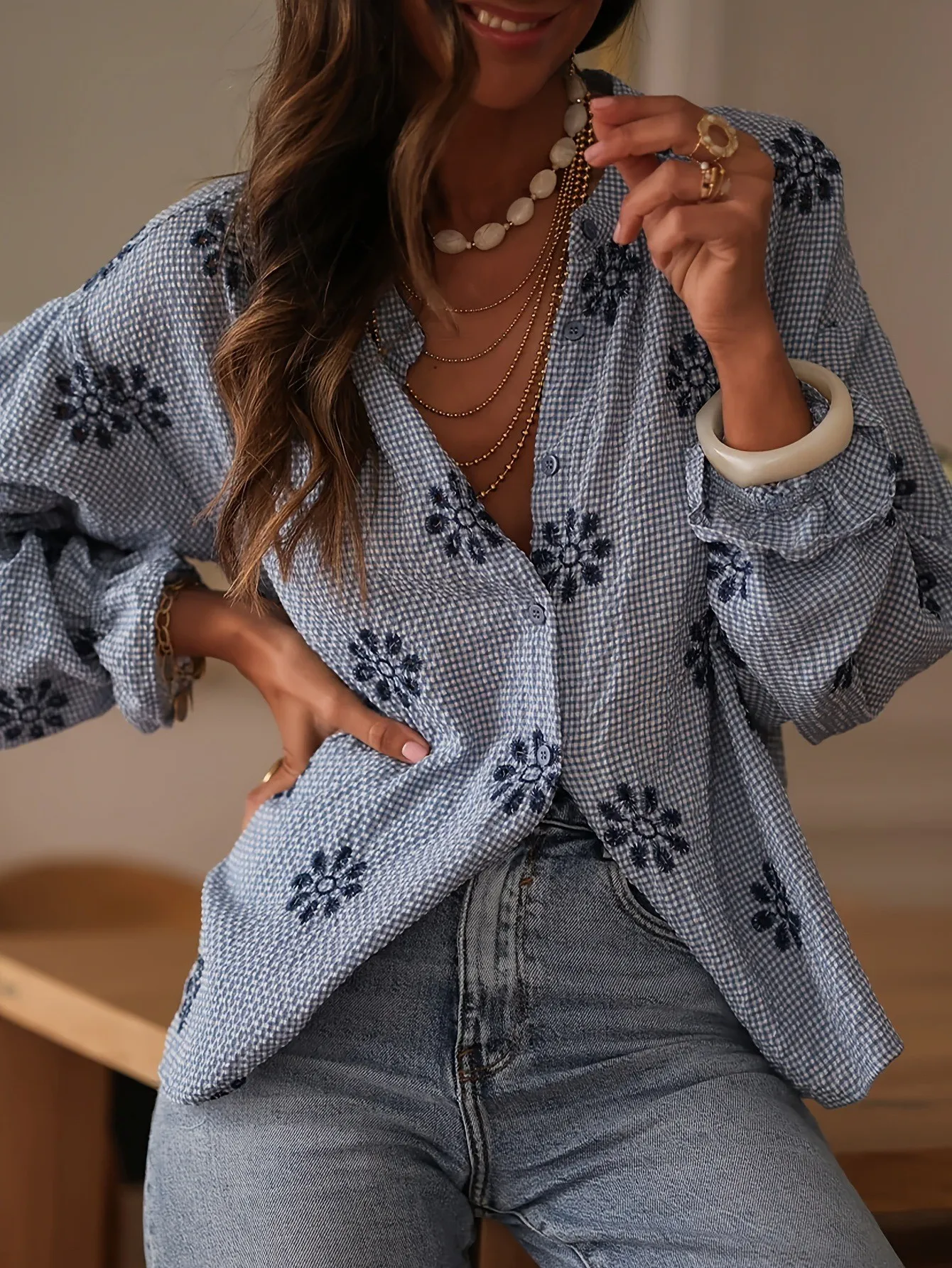 Loose Fit V Neck Shirt Mid Long Length Street with Embroidery Floral Pattern Open Front Cardigan Edgy Street Autumn Women Shirt