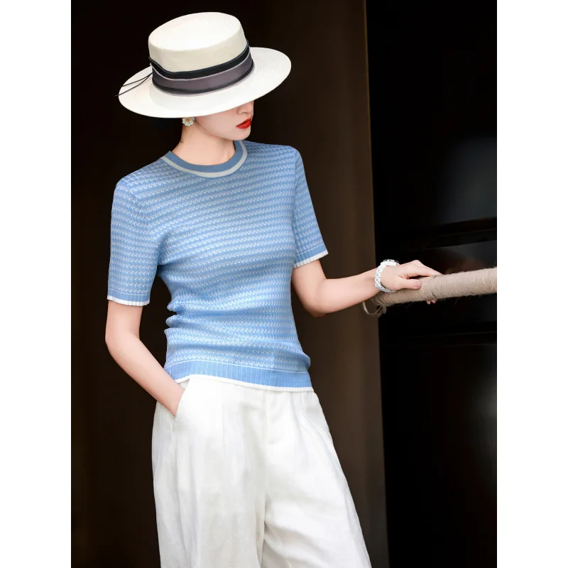 MEXCOCO 2026 Spring New Slim Striped Knit Top Round Neck Contrast Trim Short Sleeve Elegant Commuter Basic Knitted Blouse