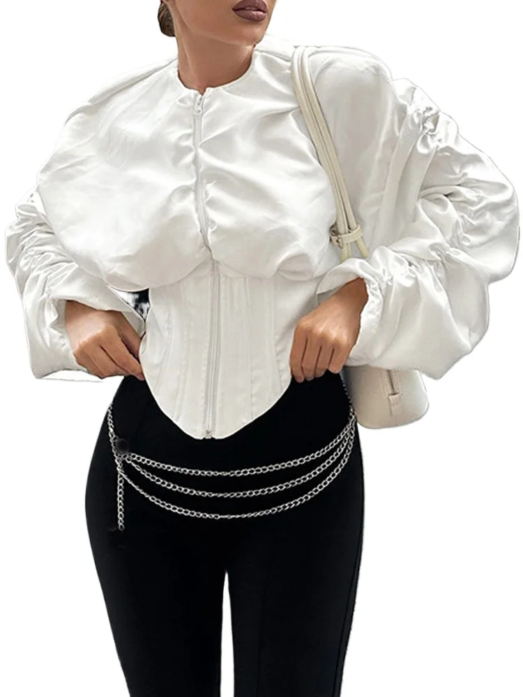 Top Corto Retro con Mangas Abullonadas para Mujer, Primavera-Verano 2026, Cuello Redondo, Cierre de Cremallera, Blusa Corset de Cintura Alta, Camisa Blanca Informal para Mujer
