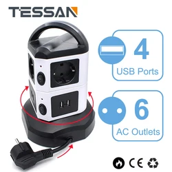 TESSAN Tower Power Strip with 6 Outlets +4 USB Ports, 2M Extension Cable, EU Plug Vertical Electric Socket Overload Protection