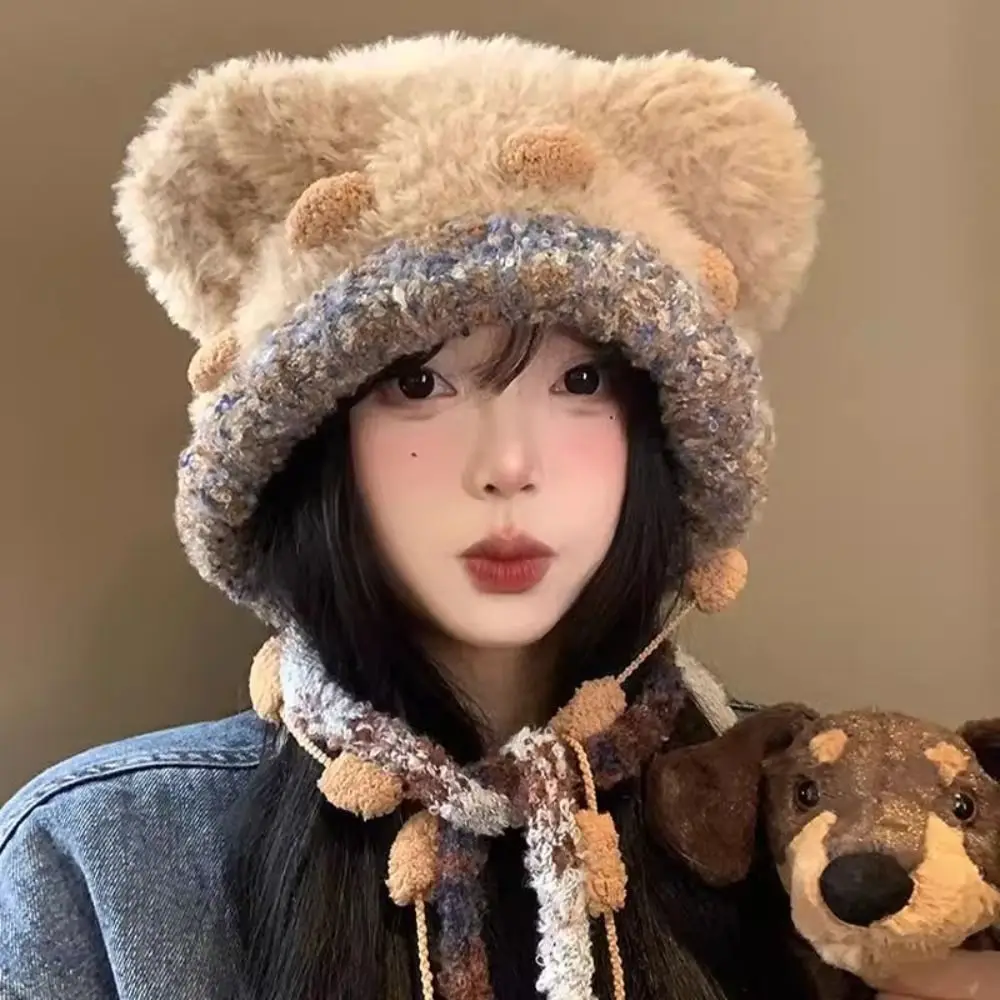 

Leisure Cartoon Bear Ear Plush Hat Fluffy Thickened Lei Feng Hat Cold Proof Ear Protection Beanies Cap Winter/Autumn