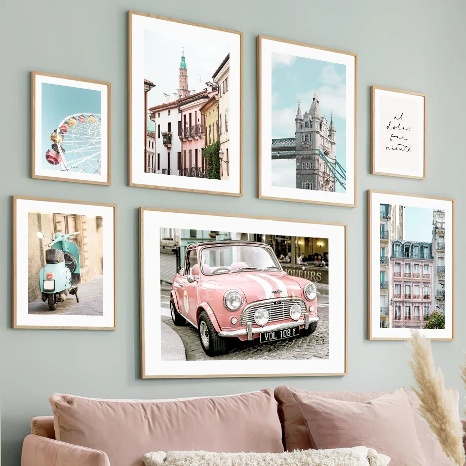 London Pink City Retro Car Ferris Wheel Wall Art Canvas Painting Nordic Posters And Prints Wall Pictures For Living Room Decor