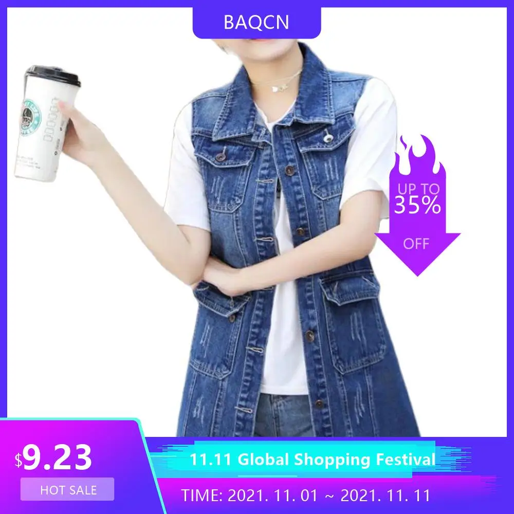 Denim Vest Spring Autumn Women Sleeveless Vest Mid-Length Jean Cardigan Coatjacketsfashion Single-Breasted Waistcoat Gilet S-6xl