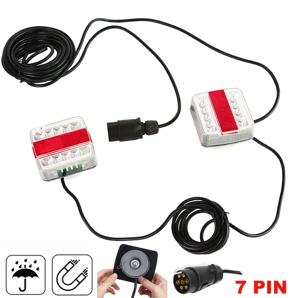 

2x Magnetic 12V Rear Towing Trailer Tail Light 16 LED 10m Cable 7 Pin Universal Brake Stop License Number Plate Lamp Waterproof