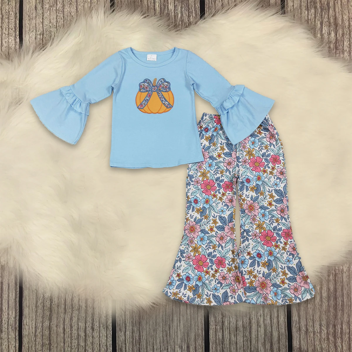 

Baby Girl Pink Long Sleeves Pumpkin Tops Infant Children Ruffle Pants Set Toddler Kids Thanksgiving Outfit Wholesale