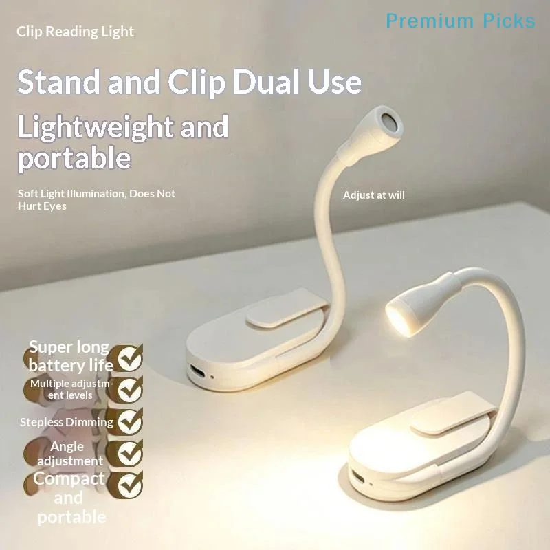 Portable Clip LED Reading Light USB Rechargeable Book Light Clip-on Bed Night Light Stepless Dimmable Eye Protection Desk Lamp