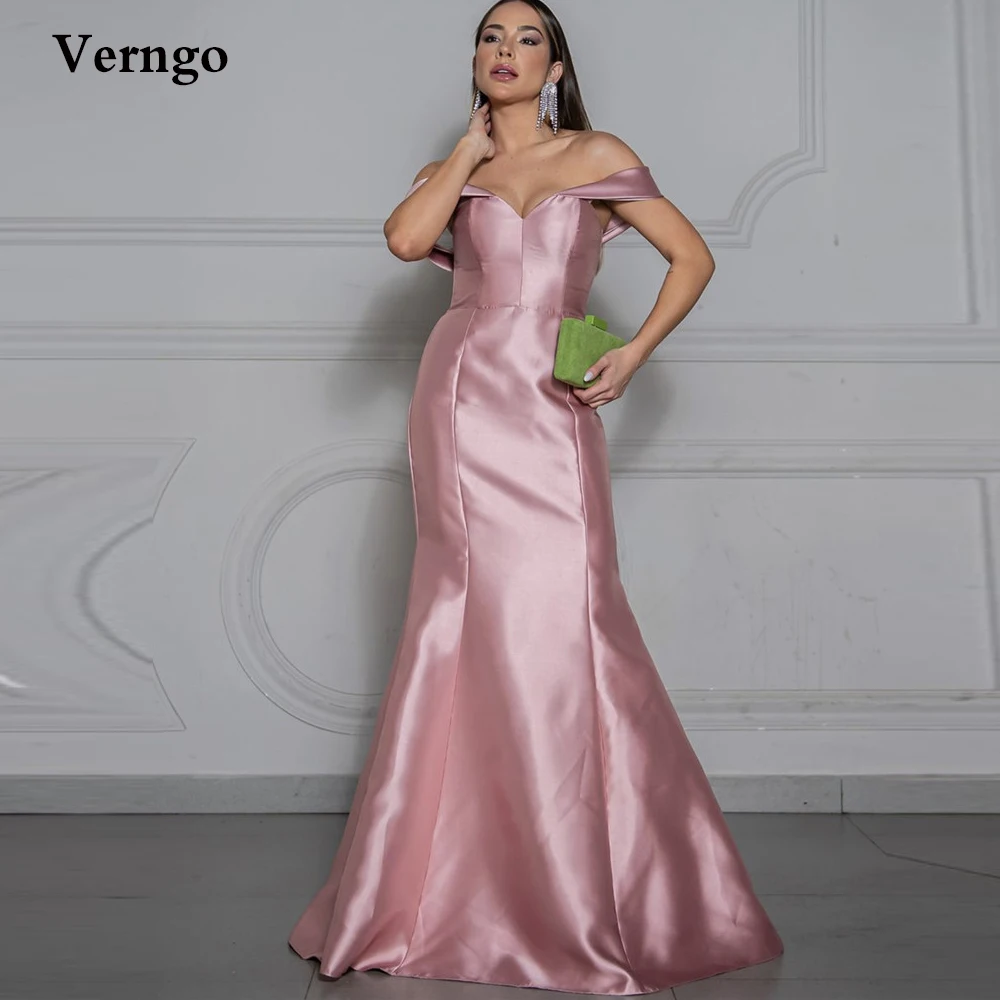 

Verngo Blush Pink Satin Mermaid Evening Dresses Robe de soiree Off the Shoulder Arabic Formal Prom Gowns Simple Party Vestidos