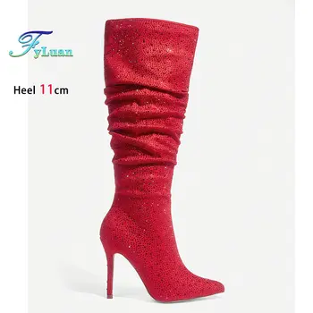 11公分細高跟閃亮尖頭女靴,秋冬夜店高跟鞋,奢華水鑽亮片高筒靴 8 最佳銷售 紅色短靴 - №7