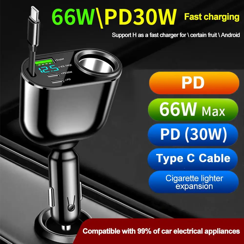 90W Ultra-Fast Retractable Car Charger, Phone Charger with Smart LED Voltage Display 3 Charging Ports (USB-C, PD) 260°