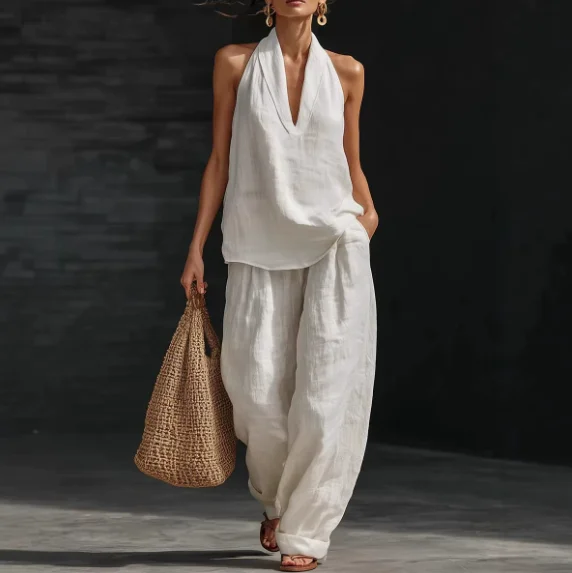 

Two Piece Set Women Outfit 2026 Spring New Solid Color Halter Deep V-Neck Sleeveless Loose Top & Pocket Design Casual Pants Set
