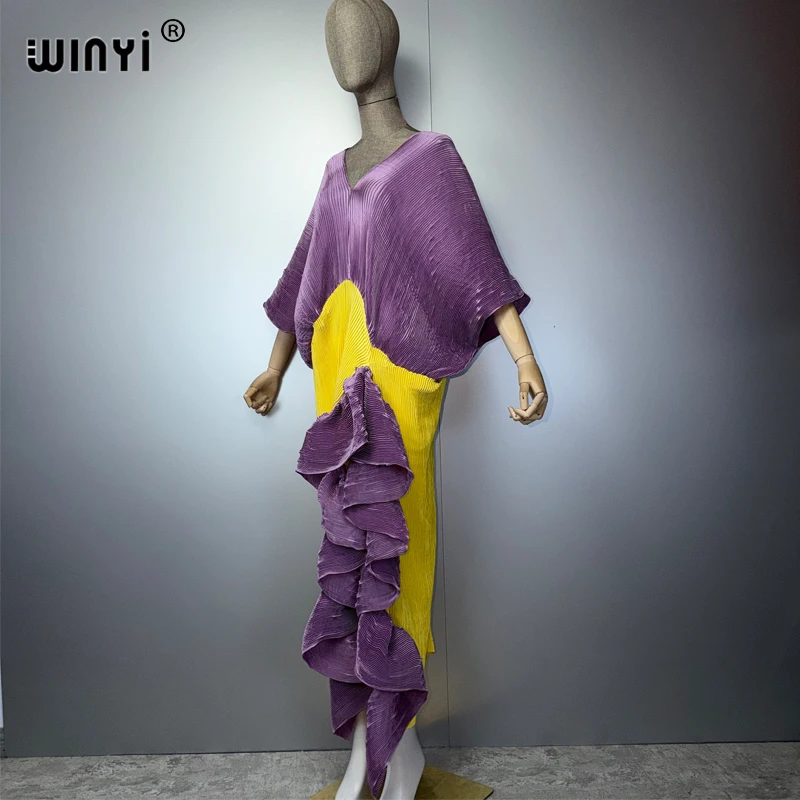 WINYI New Pleated Slim High-Fork Dress for Women Fashion Beach Cover-Up Muslim Kaftan Abaya Dubai Luxury Long Evening Gown