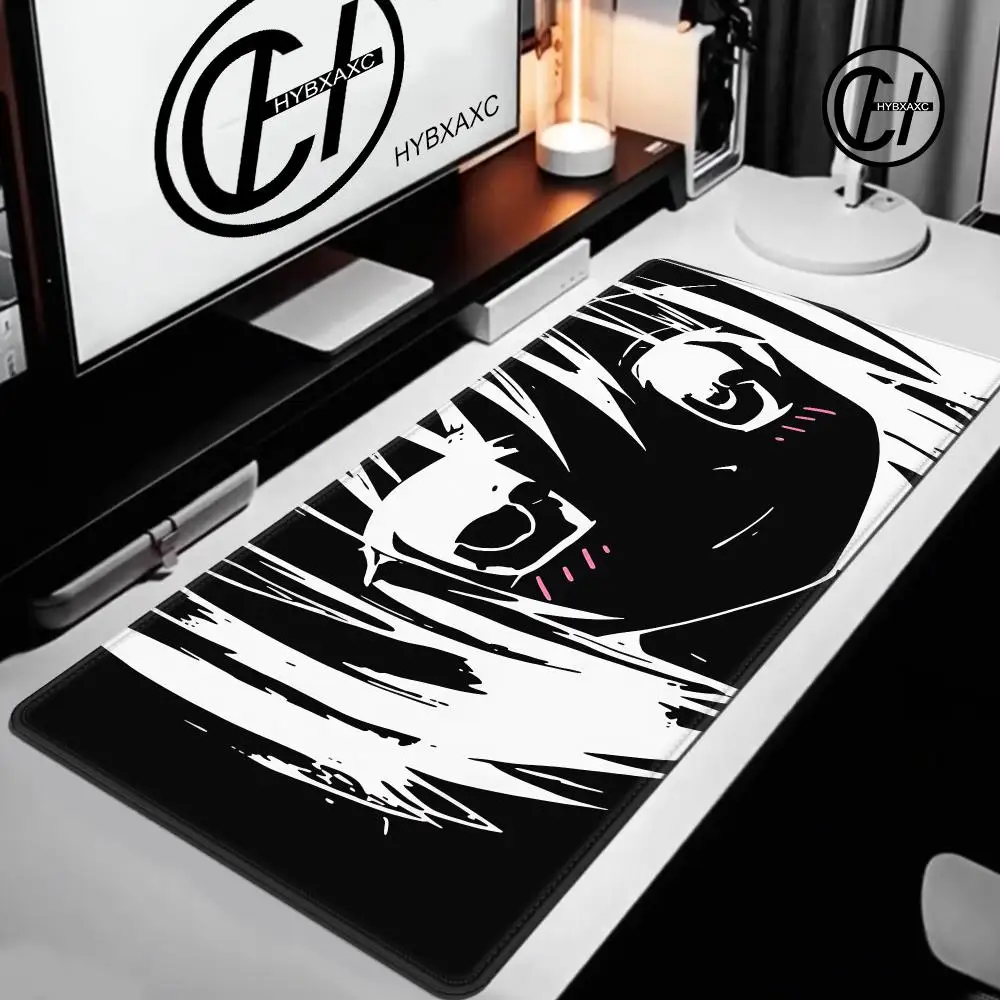 Grunge Anime Girl Large Mouse Pad, Black White Sketch Aesthetic Desk Mat, Non‑Slip Extended Gaming Keyboard Pad Laptop